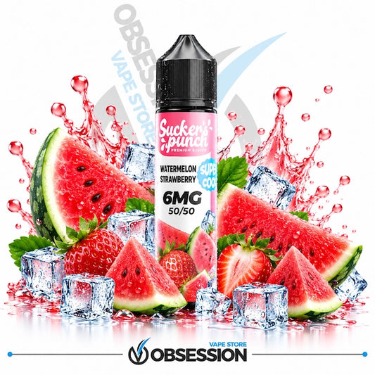 A bottle of Sucker's Punch Watermelon Strawberry e-liquid centered against a white background, surrounded by fresh watermelon slices, strawberries, ice cubes, and red liquid splashes. The bottle label shows 'Sucker's Punch' and 'Watermelon Strawberry 6MG 50/50'.
