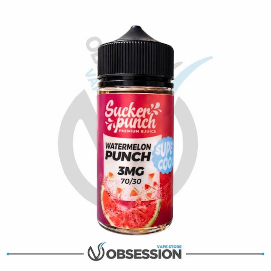 Bottle of Sucker Punch Watermelon Punch vape juice with a white background