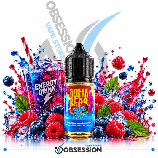 Sugar Bear Blue Paw SaltNic 30ml shows a bottle of Sugar Bear "Blue Paw" nicotine salt vape juice with a black dropper cap covered in condensation droplets, placed centrally amidst an energetic drink and mixed berry