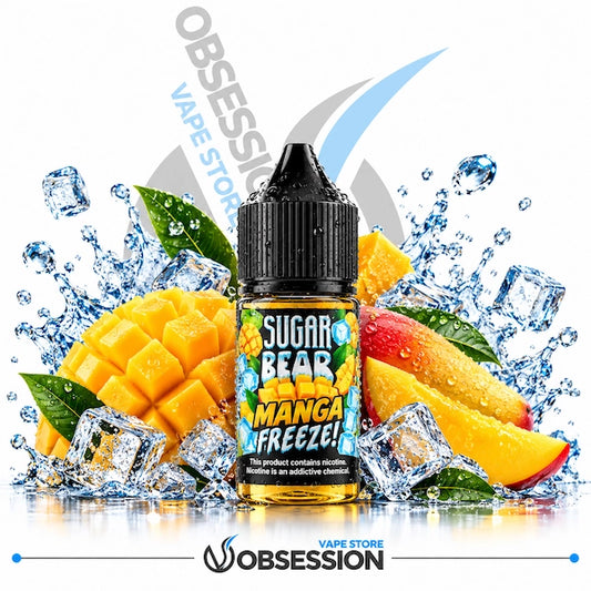 Sugar Bear Manga Freeze Mango MTL 30m shows a bottle of Sugar Bear "Manga Freeze!" vape juice with a black dropper cap covered in condensation droplets, centered in a crisp, ice-cold tropical fruit composition