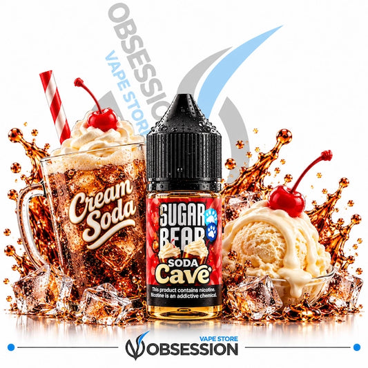 A bottle of Obsession Sugar Beard Soda Cave e-liquid centered against a white background, surrounded by a dynamic graphic composition of a milk soda glass, ice cubes, and vanilla ice cream with cherries. The background features a large blue and gray abstract wave logo and the Obsession Vape Store branding.