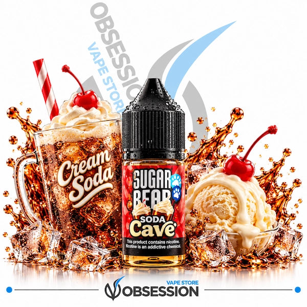 A bottle of Obsession Sugar Beard Soda Cave e-liquid centered against a white background, surrounded by a dynamic graphic composition of a milk soda glass, ice cubes, and vanilla ice cream with cherries. The background features a large blue and gray abstract wave logo and the Obsession Vape Store branding.