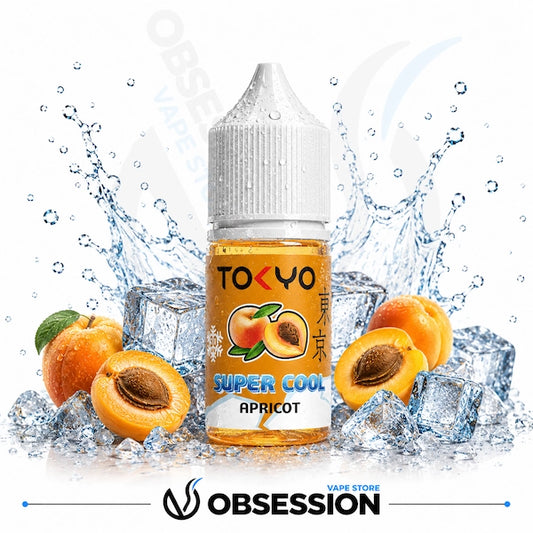 TOKYO Super Cool Apricot vape juice bottle with apricots and ice cubes on a white background