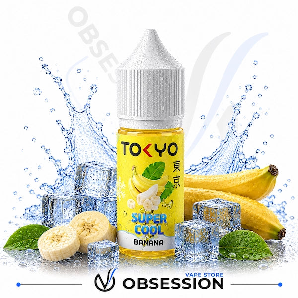 TOKYO Super Cool Banana vape juice bottle with bananas and ice cubes on a white background