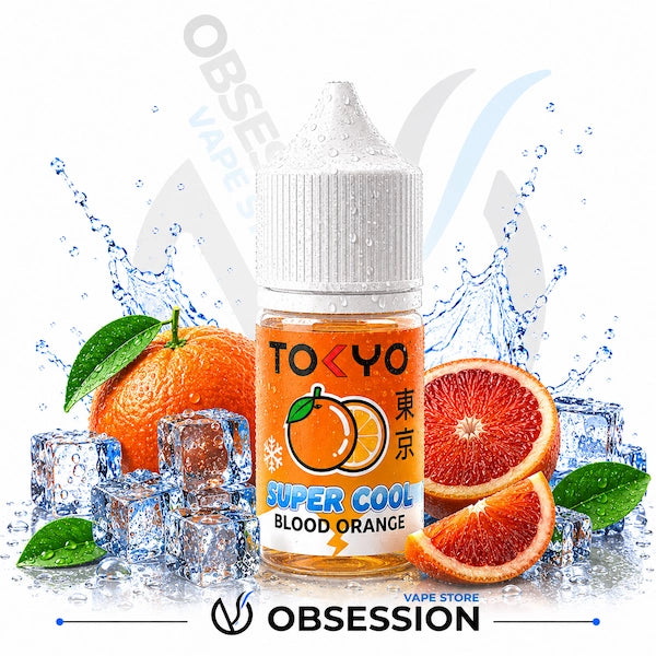 TOKYO Super Cool Blood Orange vape juice bottle with oranges and ice cubes on a white background