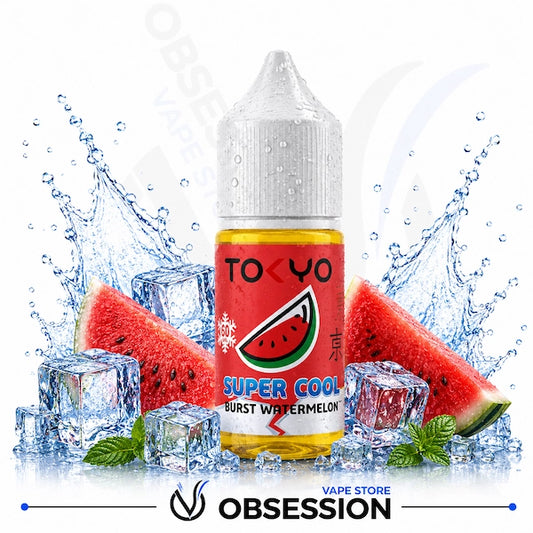 Tokyo Super Cool Burst Watermelon vape juice bottle with watermelon slices and ice cubes on a white background.