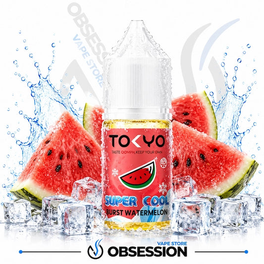 Vape juice bottle with watermelon flavor surrounded by watermelon slices and ice cubes, featuring the brand 'Obsession'.