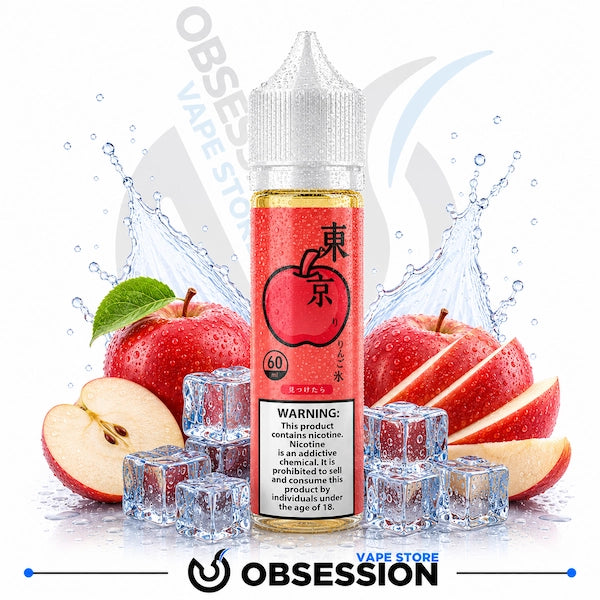 Vape juice bottle with red label and apple slices on a white background