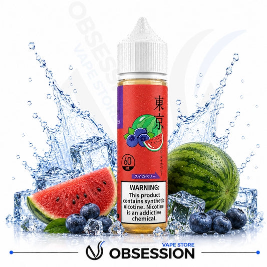 Vape juice bottle with watermelon and blueberry flavor, surrounded by watermelon slices and ice cubes, with 'Obsession' branding.