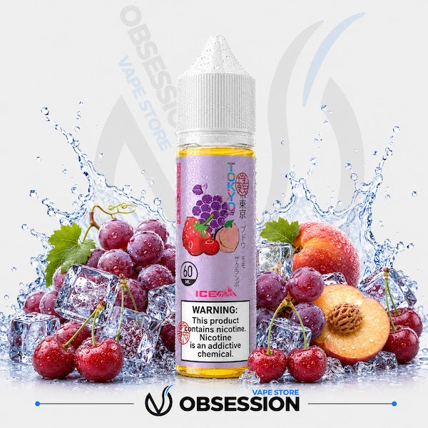 Vape juice bottle with fruit and ice elements on a white background, featuring the brand 'Obsession'.