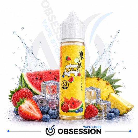 Vape juice bottle with fruit and ice elements on a white background, featuring the brand 'Obsession'.