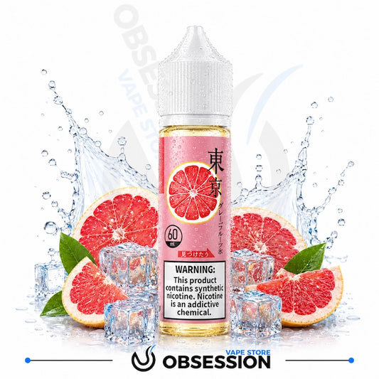 Vape juice bottle with grapefruit slices and ice cubes on a white background, featuring the brand 'Obsession'.