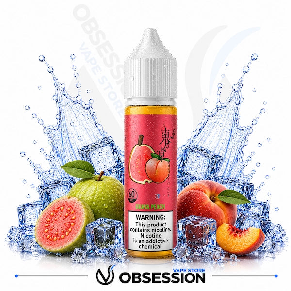 Vape juice bottle with guava peach flavor surrounded by fruits and ice cubes, featuring the brand 'Obsession'.