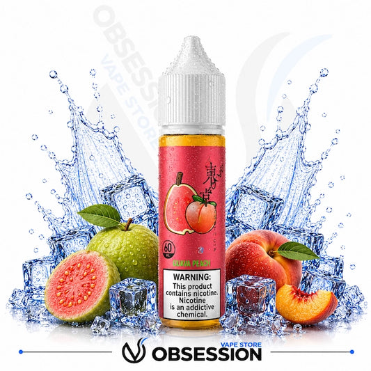 Vape juice bottle with guava peach flavor surrounded by fruits and ice cubes, featuring the brand 'Obsession'.