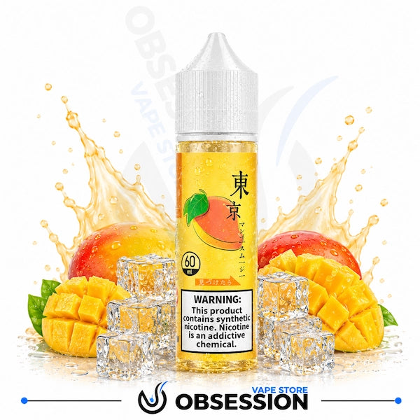 Mango-flavored vape juice bottle with fruit and ice cubes on a white background, featuring the brand 'Obsession'.