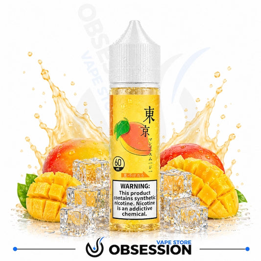 Mango-flavored vape juice bottle with fruit and ice cubes on a white background, featuring the brand 'Obsession'.