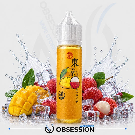 Vape juice bottle with mango and lychee fruits on a white background