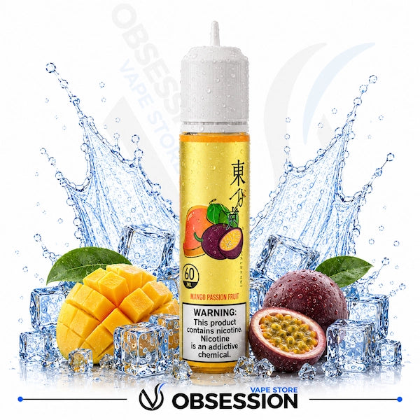 Vape juice bottle with mango and passion fruit, surrounded by ice cubes and fruits, on a white background.