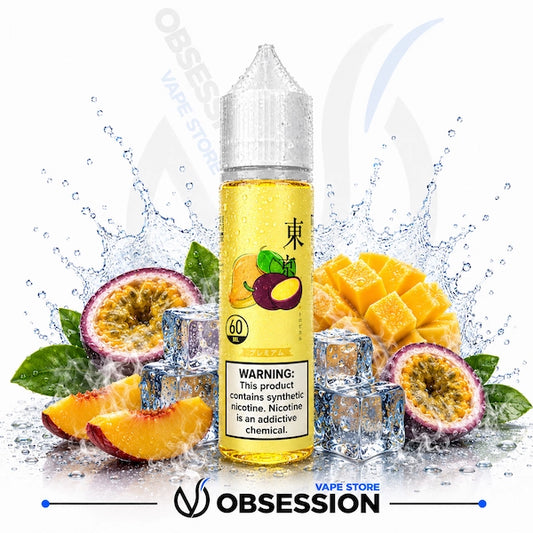 Vape juice bottle with fruit slices and ice cubes on a white background, featuring the brand 'Obsession'.