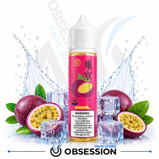 Vape juice bottle with passion fruit and ice cubes on a white background, featuring the brand 'Obsession'.