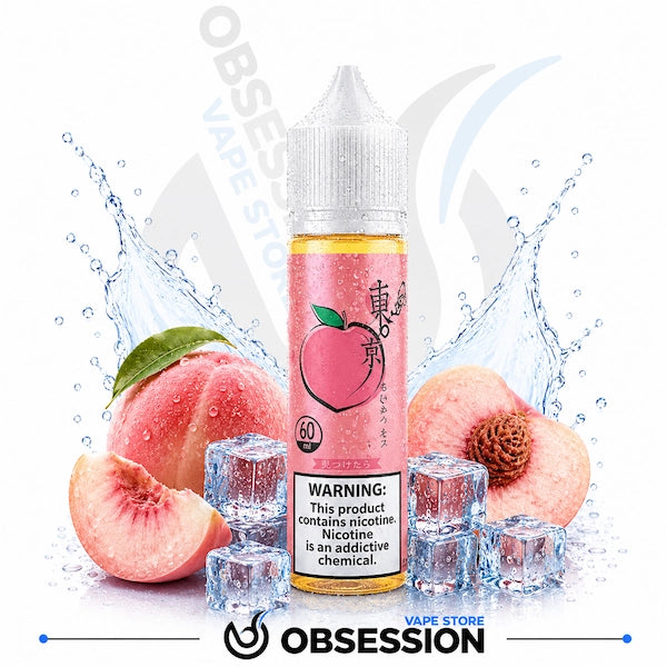 Peach-flavored vape juice bottle with peaches and ice cubes on a white background, featuring the brand 'Obsession'.