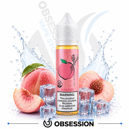 Peach-flavored vape juice bottle with peaches and ice cubes on a white background, featuring the brand 'Obsession'.
