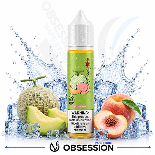 Vape juice bottle with melon and peach slices on a white background