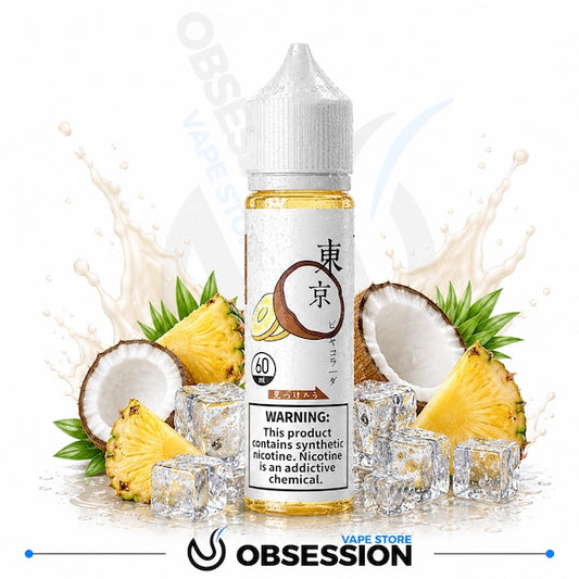 Vape juice bottle with pineapple and coconut elements on a white background, featuring the brand 'Obsession'.