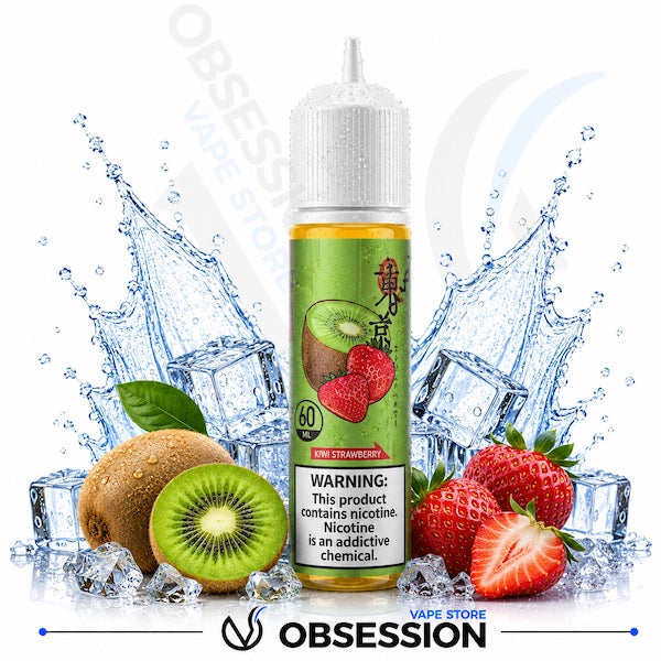 Vape juice bottle with kiwi and strawberry flavor surrounded by fruits and ice cubes, featuring the brand 'Obsession'.