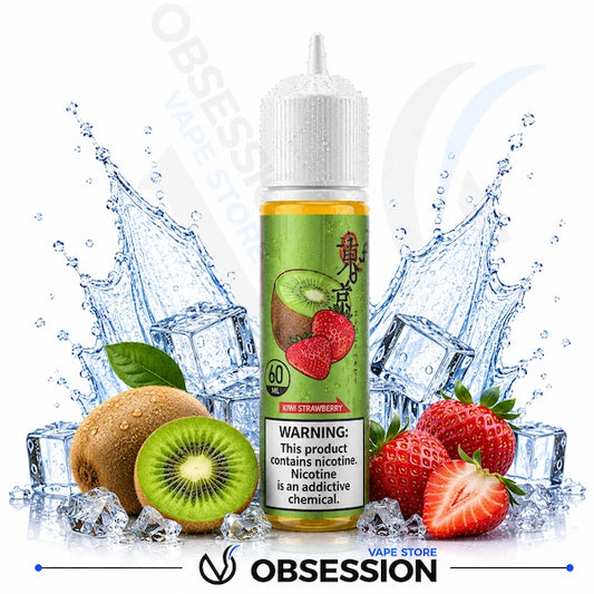 Vape juice bottle with kiwi and strawberry flavor surrounded by fruits and ice cubes, featuring the brand 'Obsession'.