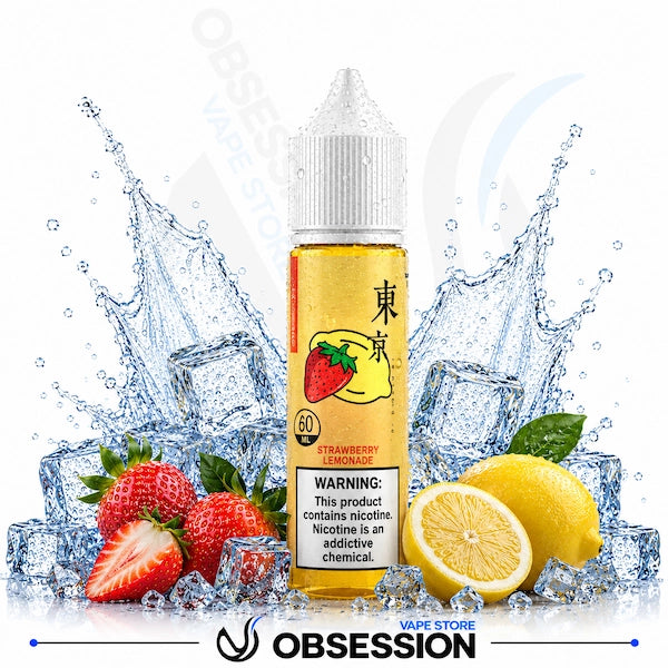 Vape juice bottle with strawberry and lemon elements on a white background, featuring the brand 'Obsession'.