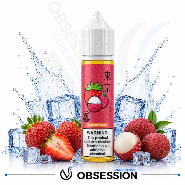 Vape juice bottle with strawberry and lychee flavor surrounded by fruits and ice cubes, featuring the brand 'Obsession'.