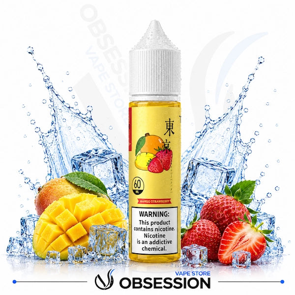 Vape juice bottle with mango and strawberry flavor, surrounded by fruit and ice cubes, on a white background.
