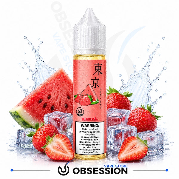 Vape juice bottle with watermelon and strawberry elements on a white background