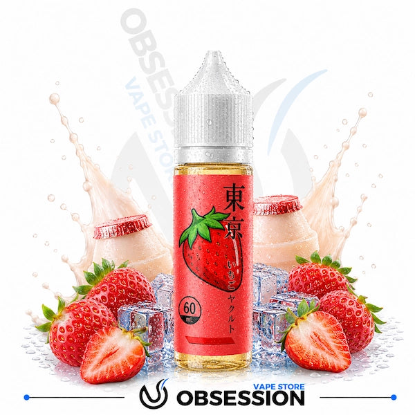 Vape juice bottle with strawberries and ice cubes on a white background, featuring the brand 'OBSession'.