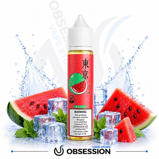 Vape juice bottle with watermelon flavor surrounded by watermelon slices and ice cubes on a white background.