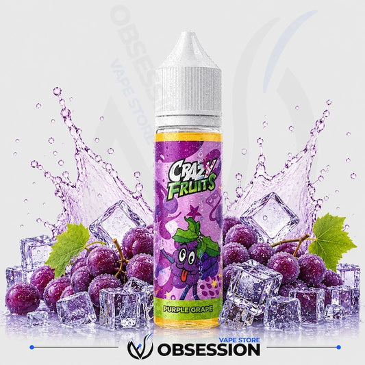 Vape juice bottle with purple grape flavor surrounded by grapes and ice cubes on a light gray background.