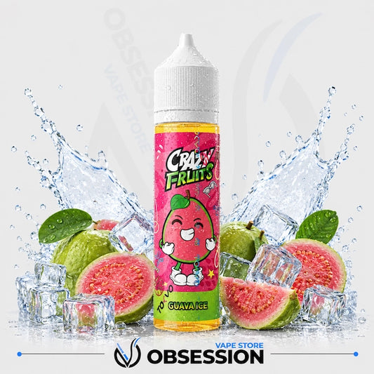 Crazy Fruits Guava Ice vape juice bottle with guava slices and ice cubes on a light gray background.