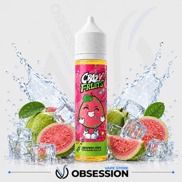Crazy Fruits Guava Ice vape juice bottle with guava slices and ice cubes on a light gray background.