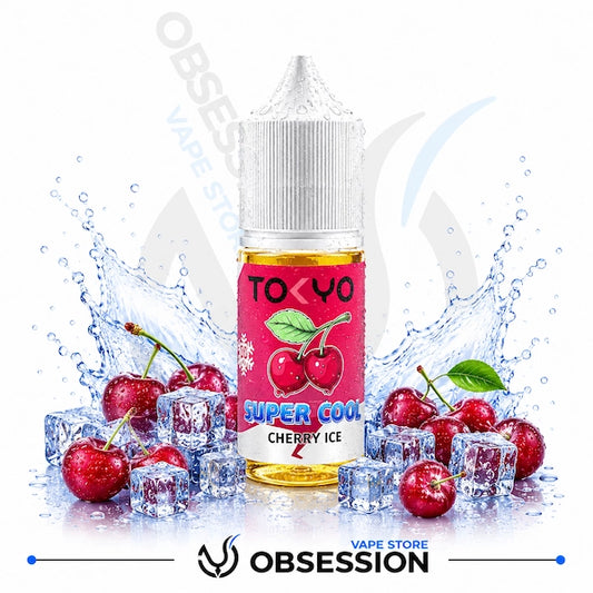 Vape juice bottle labeled 'Super Cool Cherry Ice' by Tokyo with cherries and ice cubes on a white background.