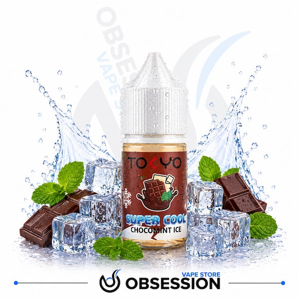 Vape juice bottle with chocolate, mint leaves, and ice cubes on a white background, featuring the brand 'Obsession'.