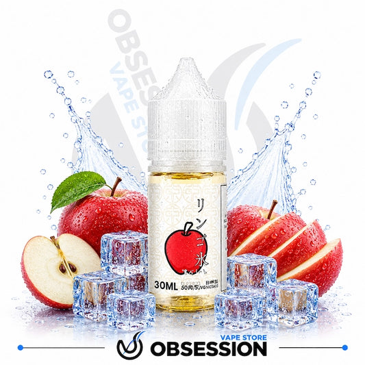 Vape juice bottle with apples and ice cubes on a white background, featuring the brand 'Obsession'.