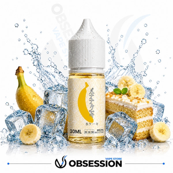 Vape juice bottle with banana flavor surrounded by ice cubes, bananas, and a cake on a white background.