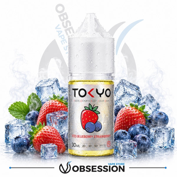 TOKYO vape juice bottle with strawberries, blueberries, and ice cubes on a white background.
