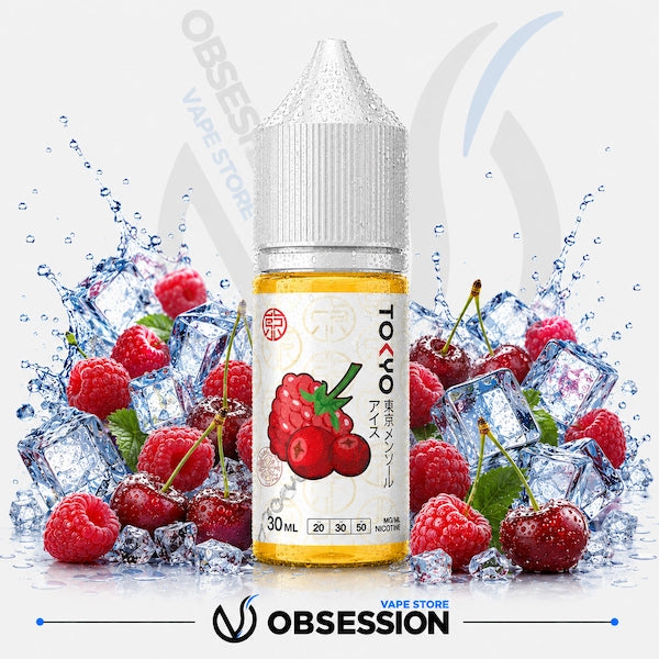 Vape juice bottle with red berries and ice cubes on a white background, featuring the brand 'OBSession'.