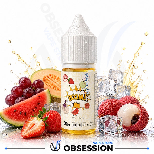 Vape juice bottle with fruit-themed design and 'Obsession' branding.