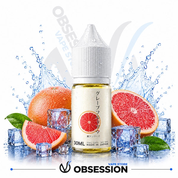 Vape juice bottle with grapefruit slices and ice cubes on a white background, featuring the brand 'Obsession'.
