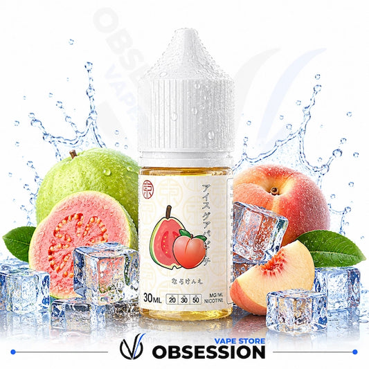 Vape juice bottle with guava and peach slices on a white background, featuring the brand 'Obsession'.