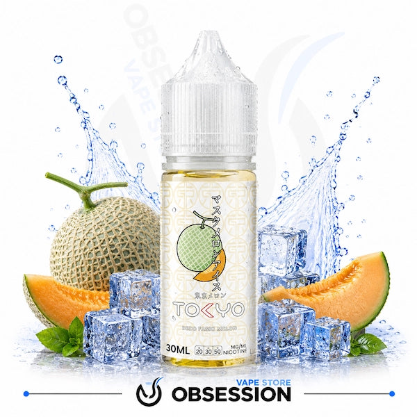 TOKYO vape juice bottle with melon slices and ice cubes on a white background