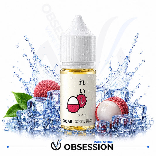 Vape juice bottle with ice cubes and fruit on a white background, featuring the brand 'Obsession'.